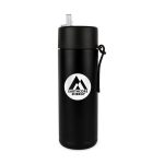 A drink bottle featuring a sleek black design with a logo and a straw lid. It holds 600ml.