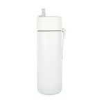 A drink bottle in white with a flip-top lid and straw, featuring a carrying handle and branding.