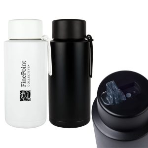 A drink bottle with a white body and black lid. It features a logo and a flip-top opening for easy access.