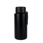 A drink bottle in matte black stainless steel with a lid and a strap. It has a minimalist design and a logo.