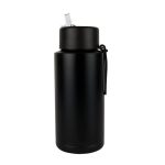 A drink bottle in matte black with a straw lid and attached carrying handle, featuring branding.