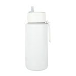 A drink bottle in white, featuring a flip-top lid and a strap. It has a logo on the surface.
