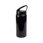 A drink bottle in black with a flip straw lid and a handle, featuring a logo or branding.