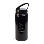 A drink bottle in black with a flip straw lid and a handle. Features a logo design.