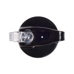 A drink bottle with a black body and a clear flip straw lid, featuring a logo on the side.