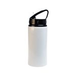 A drink bottle with a black flip straw lid and a sleek white body. It features a handle for easy carrying.