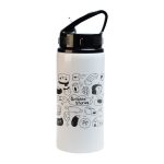 A drink bottle in white with black illustrations and a black flip straw lid, featuring a logo.