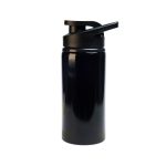 A drink bottle with a sleek black design and a free flow lid, featuring a sturdy build suitable for various beverages.