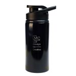 A drink bottle in black with a free flow lid and a design featuring a logo and motivational text.