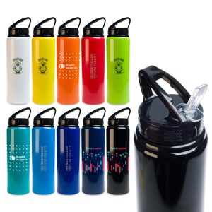 A drink bottle with a flip straw lid, available in various colors including black, blue, green, and orange. It has a logo.