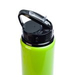 A drink bottle with a vibrant green body and a black flip straw lid, designed for easy sipping.
