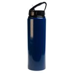 A drink bottle in a deep blue color features a flip straw lid and a black handle. It has a branding logo.