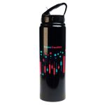 A drink bottle with a black finish, featuring a flip straw lid and colorful abstract design. It has a logo.