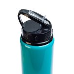 A drink bottle in teal featuring a black flip straw lid and a handle for easy carrying.