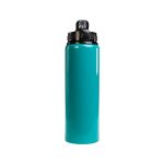 A drink bottle in a vibrant teal color, featuring a black flip straw lid and a sleek, glossy finish.