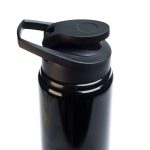 A drink bottle in black with a free flow lid, featuring a sleek design and a small handle for easy carrying.