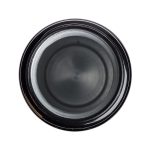 A drink bottle with a black exterior and a free flow lid, viewed from above. It features a sleek design.