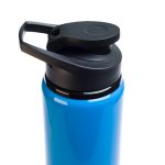 A drink bottle featuring a blue body and a black free flow lid. The lid includes a spout for easy pouring.