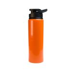 A drink bottle in vibrant orange with a black free flow lid. It has a sleek, modern design and a branded logo.