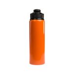 A drink bottle in bright orange with a black free flow lid, featuring a logo.