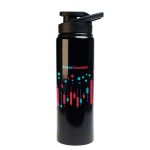 A drink bottle in black with a free flow lid and a colorful design featuring geometric shapes.