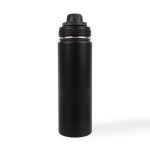 A drink bottle in black stainless steel with a screw-on lid and a logo on the front.