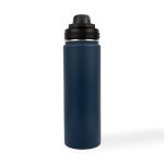 A drink bottle in dark blue stainless steel with a black screw-on lid and a black top. It features a logo.