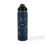 A drink bottle in navy blue features illustrated birds and feathers, with a black threaded lid and a logo.