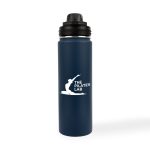 A drink bottle in navy blue stainless steel with a black screw top and a logo on the side.