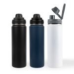 A drink bottle set featuring three colors: matte black, navy blue, and white, each with a lid and a logo.