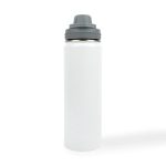 A drink bottle in white with a gray cap, featuring a stainless steel vacuum design and a logo on the cap.