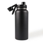 A drink bottle with a matte black finish, featuring a screw-on lid and a straw cap, includes a logo.