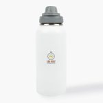 A drink bottle in a frosted white finish with a gray cap, featuring a logo.