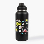 A drink bottle in black featuring a colorful camping-themed design and a threaded cap.