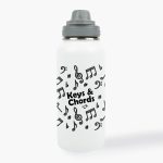 A drink bottle featuring a white design with musical notes and a gray cap. It includes a logo.