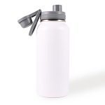 A drink bottle in white stainless steel, featuring a grey cap and a logo on the side.
