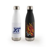 A drink bottle featuring a white and black design, with stainless steel accents and branding on both sides.