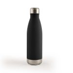 A drink bottle with a sleek black exterior and a stainless steel base, designed for vacuum insulation.