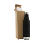 A drink bottle in black with a stainless steel base, beside a brown cardboard box. The bottle features a logo.