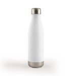 A drink bottle in white with a metallic silver bottom and cap, featuring a smooth, sleek design.