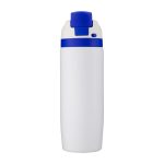 A drink bottle in white with a blue lid and a small logo. Features a flip-top opening for easy access.