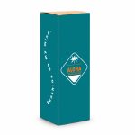 A drink bottle in a teal box featuring a logo and white text on the side. The box has a golden top.