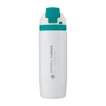 A drink bottle in white with a teal lid and a logo on the side.