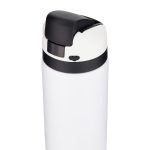 A drink bottle in white with a black lid and a built-in push button for easy opening. It features a logo on the side.