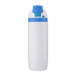 A drink bottle in white with a blue lid and button, featuring a logo on its body.