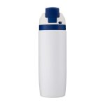 A drink bottle in white with a navy blue lid and a logo on it.