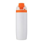 A drink bottle in white with an orange lid and a logo. The design is sleek and modern.