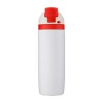 A drink bottle in white with a red lid, featuring a simple design and a logo.