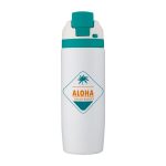 A drink bottle in white with a teal lid and a logo featuring a palm tree.