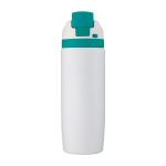 A drink bottle in white with a teal lid and button, featuring a logo on the body.